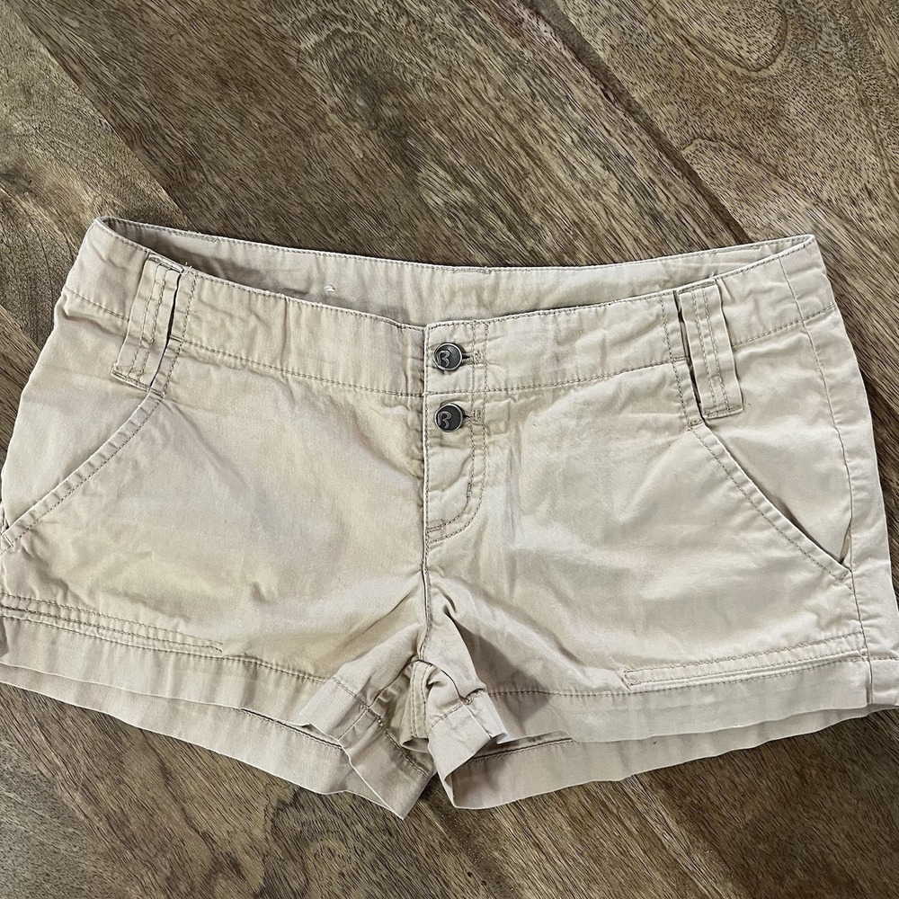 Vtg Rubbish Y2K Low Rise Khaki Tan Micro Shorts Womens Juniors 3 Pockets Buttons